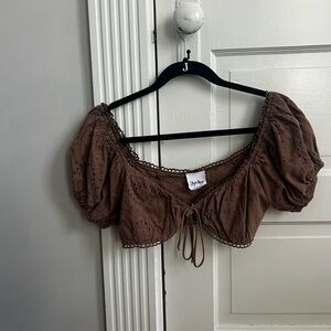 Elegant Brown Puff Sleeve Crop Top